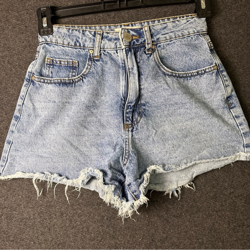 COTTON ON WOMENS 4 JEAN SHORTS HIGH RISE FLASHBACK ACID CUT OFF FRAY‎ FRINGE